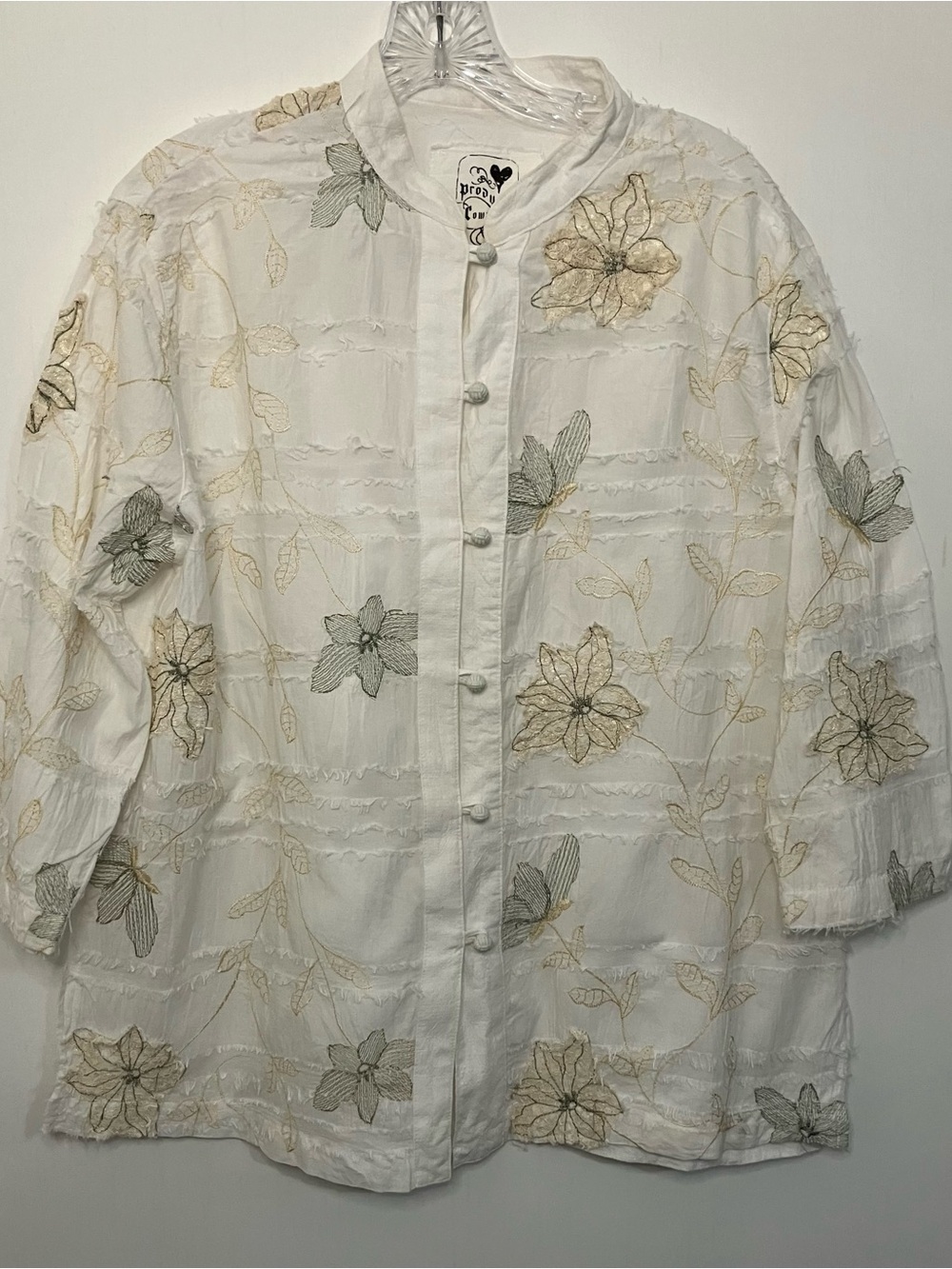 Produce Company Shabby Floral Embroidered Button Front Artsy Large Gauze Crinkle